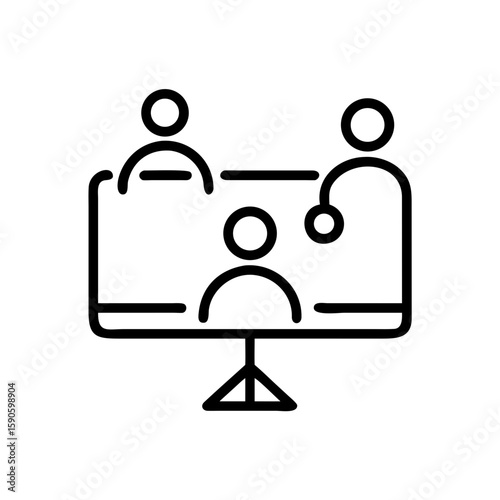 A modern icon illustrates three figures engaged in a video conference. Representing remote communication and online meetings.