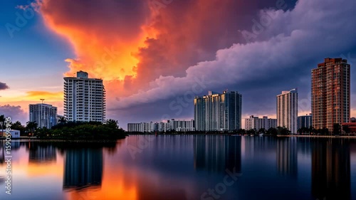 Wallpaper Mural stunning view at sunset, vibrant clouds painted in radiant hues, buildings glowing with warm light reflections Torontodigital.ca