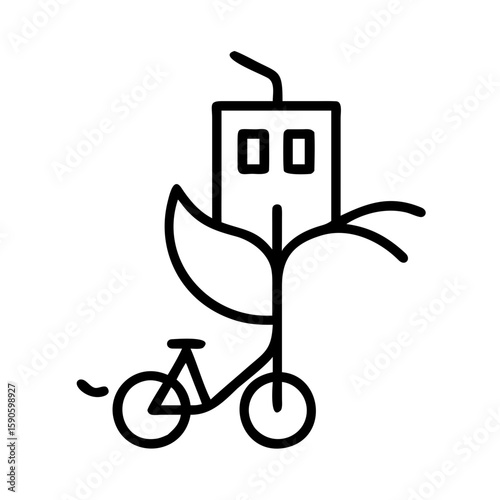 An artistic illustration of eco-friendly concepts intertwines a bicycle with a building that showcases a green lifestyle.