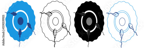 Black icon of the fertilization process, the meeting between the egg cell and the sperm cell, the beginning of life, explaining the concepts of reproduction, genetics and embryos.	
