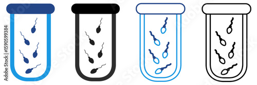 Test tube icon containing several sperm cells is performed to evaluate the quality and quantity of sperm to determine male fertility.	
