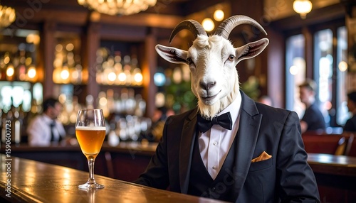 A goat in a suit enjoying a beer at a bar