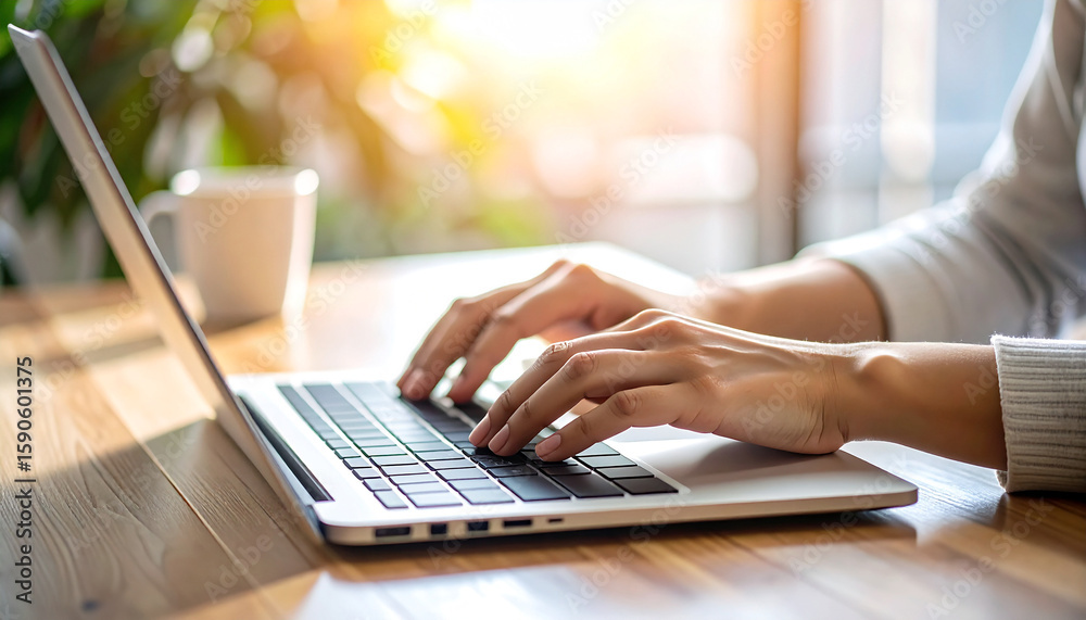 Fototapeta premium Hands at Work: Focused hands deftly navigate a sleek laptop, engrossed in the act of typing, illuminated by the soft glow of natural light, perfect for illustrating productivity.
