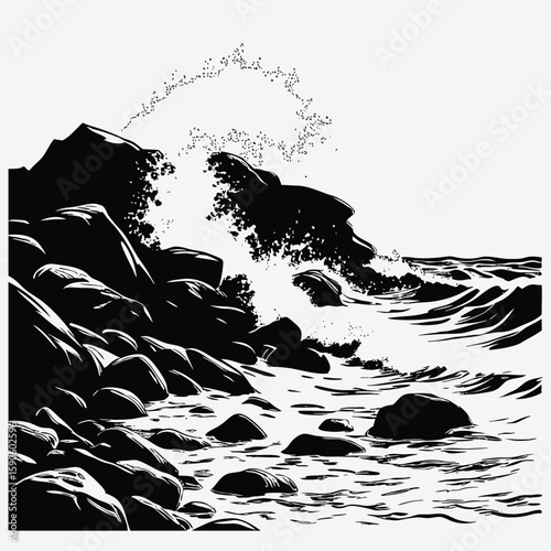 Crashing waves with silhouetted rocks image silhouette design vector art and illustration