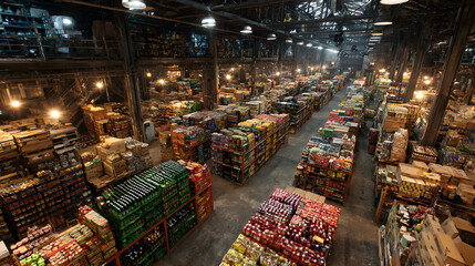 A warehouse full of food and drinks. The warehouse is very large and has many different types of food and drinks