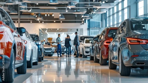 Modern car showroom featuring various models with customers discussing options in bright, spacious environment
