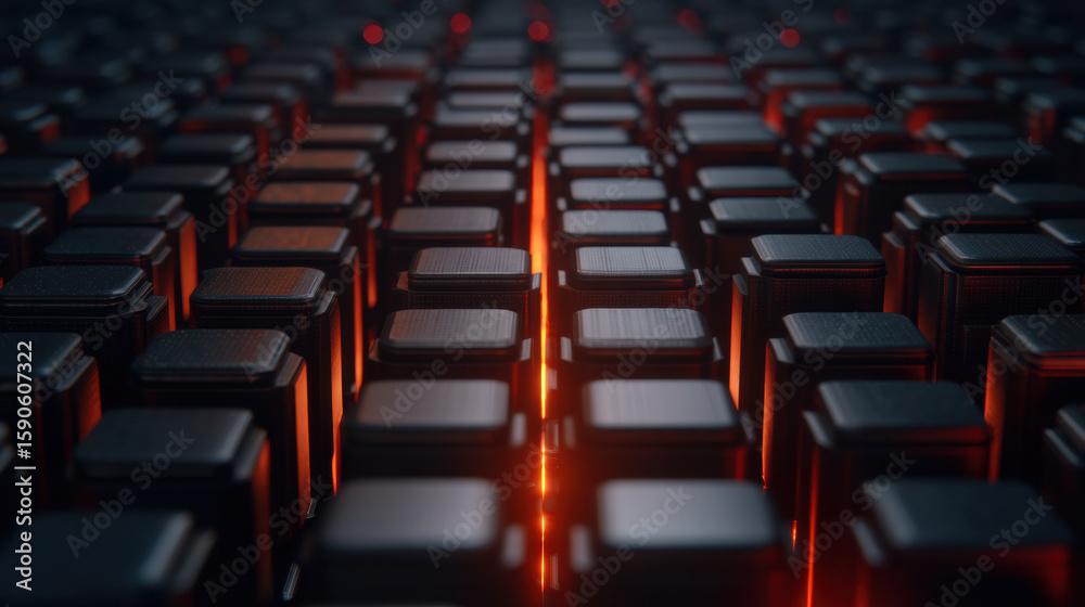 Naklejka premium Close-up of a futuristic keyboard with glowing red backlight illuminating the black keys in a dark environment.