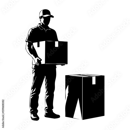 Minimalist black and white lineart illustration of a delivery person carrying a package
