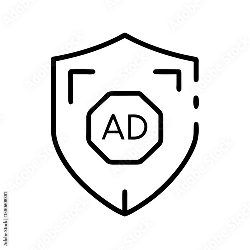 Ad blocker shield icon in minimalist design with black outline  