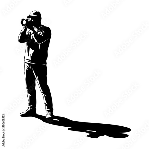 Minimalist black and white lineart illustration of a photographer taking a picture