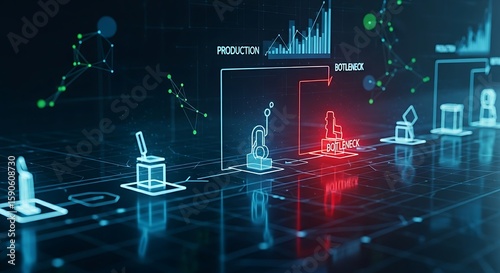 Production bottleneck concept. A holographic flowchart of a production line highlights a specific stage in red, identifying it as the bottleneck.