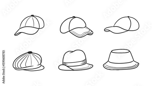 Collection of Various Hand-Drawn Hats and Headwear in Sketch Style