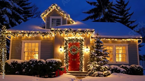 Charming snowy christmas house with twinkling lights and festive decorations in winter wonderland