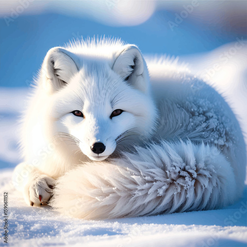 A fluffy white arctic fox rests curled up in a snowy landscape, gazing directly at the viewer.