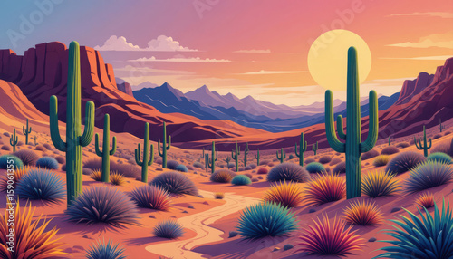 Desert Landscape with Cacti at Sunset in Vector Style