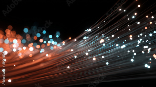 3D render of fiber optics and lights over black background 