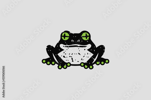 Cartoon Frog Logo – Playful Green-Eyed Amphibian Icon for Creative Brands. A bold and quirky cartoon-style frog logo with bright green eyes and toe pads. Ideal for eco-friendly brands