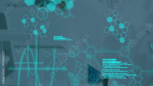 Lab scientist gripping test tube initiating hexagon overlay while inspecting liquid sample