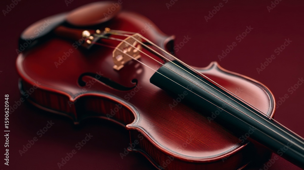 Fototapeta premium Violin instrument detail on burgundy background