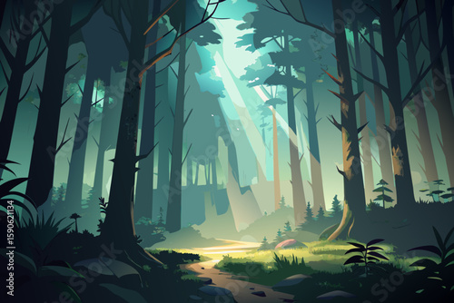 Enchanted Forest Trail with Sunbeams a whimsical illustration of a path winding through a dense forest with tall trees and filtered sunlight creating a magical