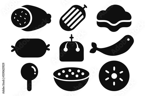 Collection of Food Icons in Black Silhouette Style Featuring Sausage Dumpling Fish and More Perfect for Culinary Designs and Food Related Projects in Vector Format