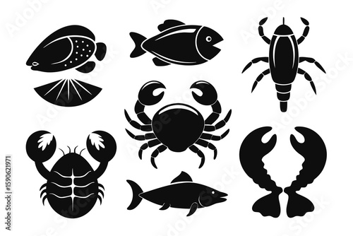 Collection of black silhouettes of seafood including fish crab lobster and other crustaceans isolated on a white background perfect for menus logos or design elements