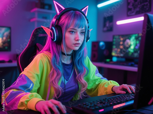 ultra realistic photo young woman with colored hair in anime style with pointed elf ears and gaming headphones fashionably dressed in bright clothes emotionally plays computer games in typical gamer r