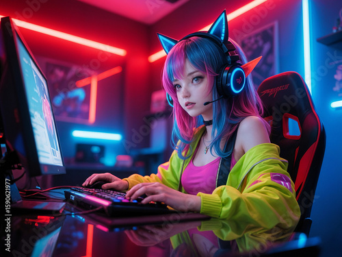 ultra realistic photo young woman with colored hair in anime style with pointed elf ears and gaming headphones fashionably dressed in bright clothes emotionally plays computer games in typical gamer r