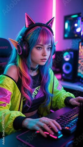 ultra realistic photo young woman with colored hair in anime style with pointed elf ears and gaming headphones fashionably dressed in bright clothes emotionally plays computer games in typical gamer r
