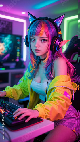 ultra realistic photo young woman with colored hair in anime style with pointed elf ears and gaming headphones fashionably dressed in bright clothes emotionally plays computer games in typical gamer r