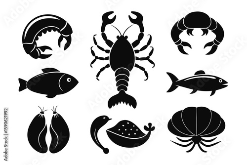 Collection of Black Silhouette Seafood Icons including Shrimp Lobster Crab Fish Oysters and Clams Representing Marine Life and Culinary Delights on a White Background