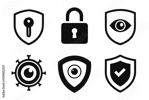 Collection of black and white security icons representing data protection privacy surveillance and safety including shields keys locks and eyes isolated on a white background