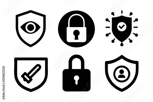 Set of six black and white security icons symbolizing data protection privacy and safety featuring shields locks and visual representations of secure systems and access