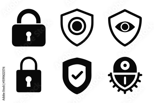 Collection of Security and Protection Icons in Black and White Includes Padlocks Shields Checkmarks and Eye Symbols for Data Protection and Cybersecurity Concepts