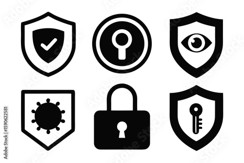 Set of Black Security Icons on White Background Shields Padlock Keyhole Eye Virus Represents Protection Safety Privacy Security and Cybersecurity in a Simple Modern Style