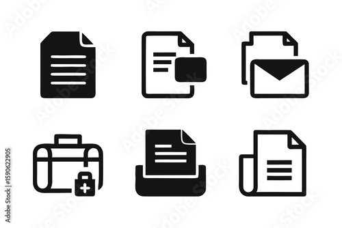 Collection of six black and white icons depicting documents files email briefcase and printer representing business office and communication concepts in a simple design