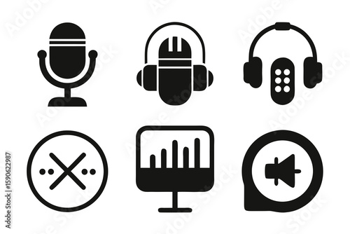 Set of Black Vector Icons Representing Audio and Sound Recording Including Microphones Headphones Sound Waves and Mute Ideal for Podcast or Audio Production Projects