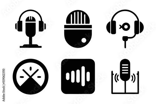 Collection of podcasting and audio related icons in black and white including microphones headphones sound waves and a mixing board icon for audio production
