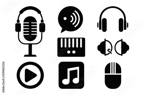 Black and white vector icons representing audio and music related concepts including microphone headphones play button music note radio speech bubble and podcasting equipment