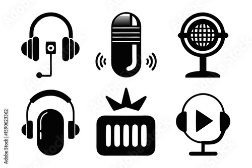Set of black and white podcasting icons featuring microphones headphones and audio equipment perfect for representing audio content creation and digital media in a minimalist