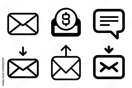 Set of Communication Icons Mail Message and Payment Representing Digital Correspondence Financial Transactions and Online Conversations in a Simple Clean and Modern Style Black and