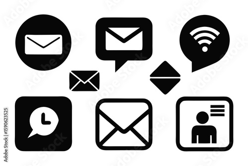 Collection of Black and White Communication Icons including Mail Wifi Clock and Profile representing Digital Connectivity and Information Exchange in a Clean and Modern Design