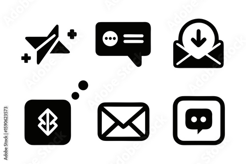 Set of Black and White Vector Icons for Social Media Email and Communication Platforms Featuring Star Chat Bubble Download and Message Symbols for Web Design