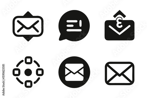 Collection of Black and White Communication Icons Including Mail Message Network and Attachment Symbols for Digital Design and User Interface Elements on White Background