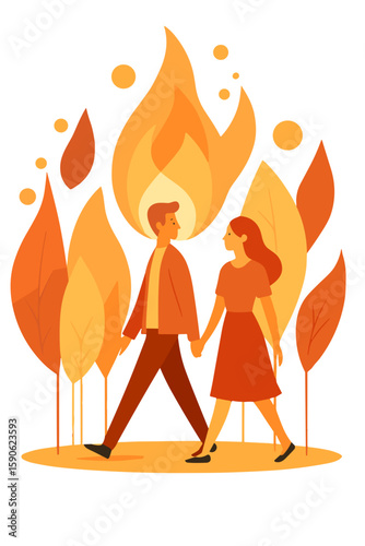 Couple walking hand in hand in autumn abstract style, warm orange colors, celebrating Walking Day — words + concept