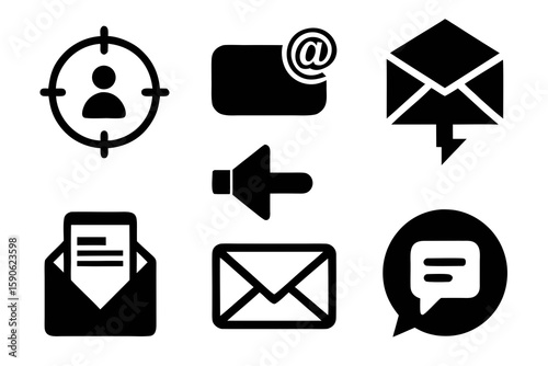 Set of Black and White Communication Icons Including Target Audience Email Address Send Message Open Mail Envelope and Speech Bubble for Web Design and Digital