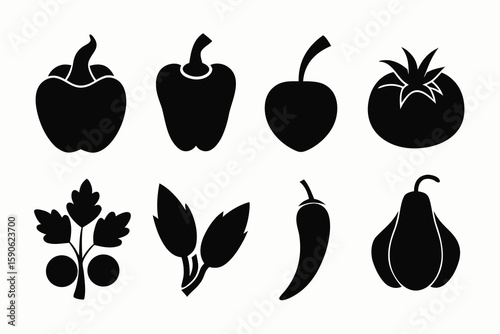 Black and White Vegetable Icon Set Featuring Peppers Tomato Herbs Chili and Pear Perfect for Culinary Designs Recipe Illustrations or Healthy Eating Concepts in Minimalist
