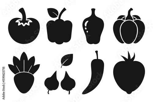 Set of vegetable icons in black silhouette style Collection of different vegetables such as tomato pepper chili garlic and beetroot for design elements