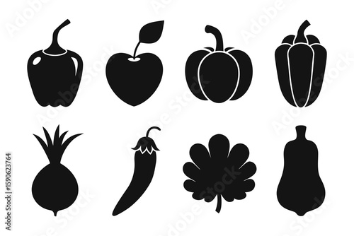 Set of Black Vegetable and Fruit Silhouettes Pepper Apple Onion Chili Parsley and Butternut Squash Perfect for Culinary Designs and Healthy Eating Illustrations