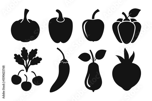 Collection of Black Vegetable and Fruit Silhouette Icons Including Cherry Pear Beet and Various Peppers Isolated on a White Background for Design Elements